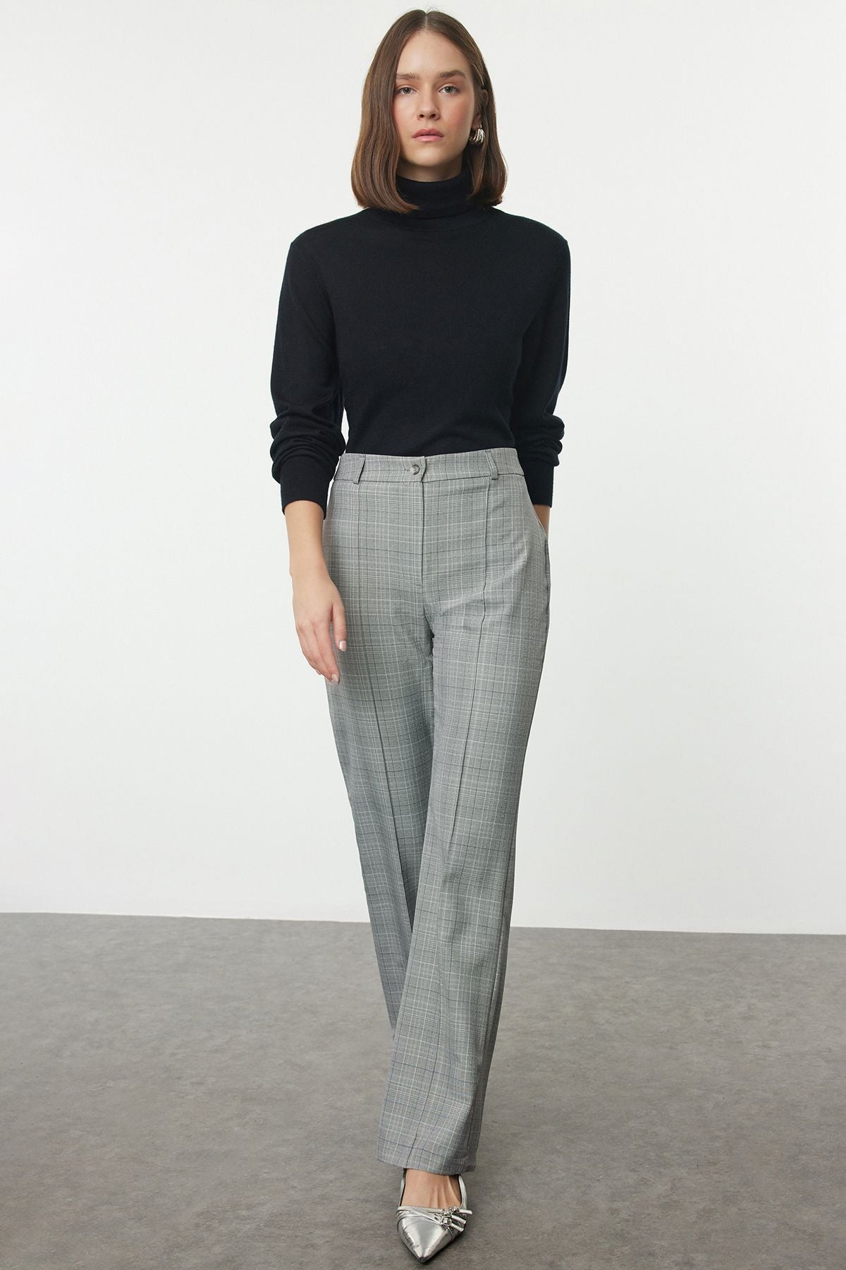 Plaid High Waisted Pants High-Waisted Plaid Straight-Leg Trousers