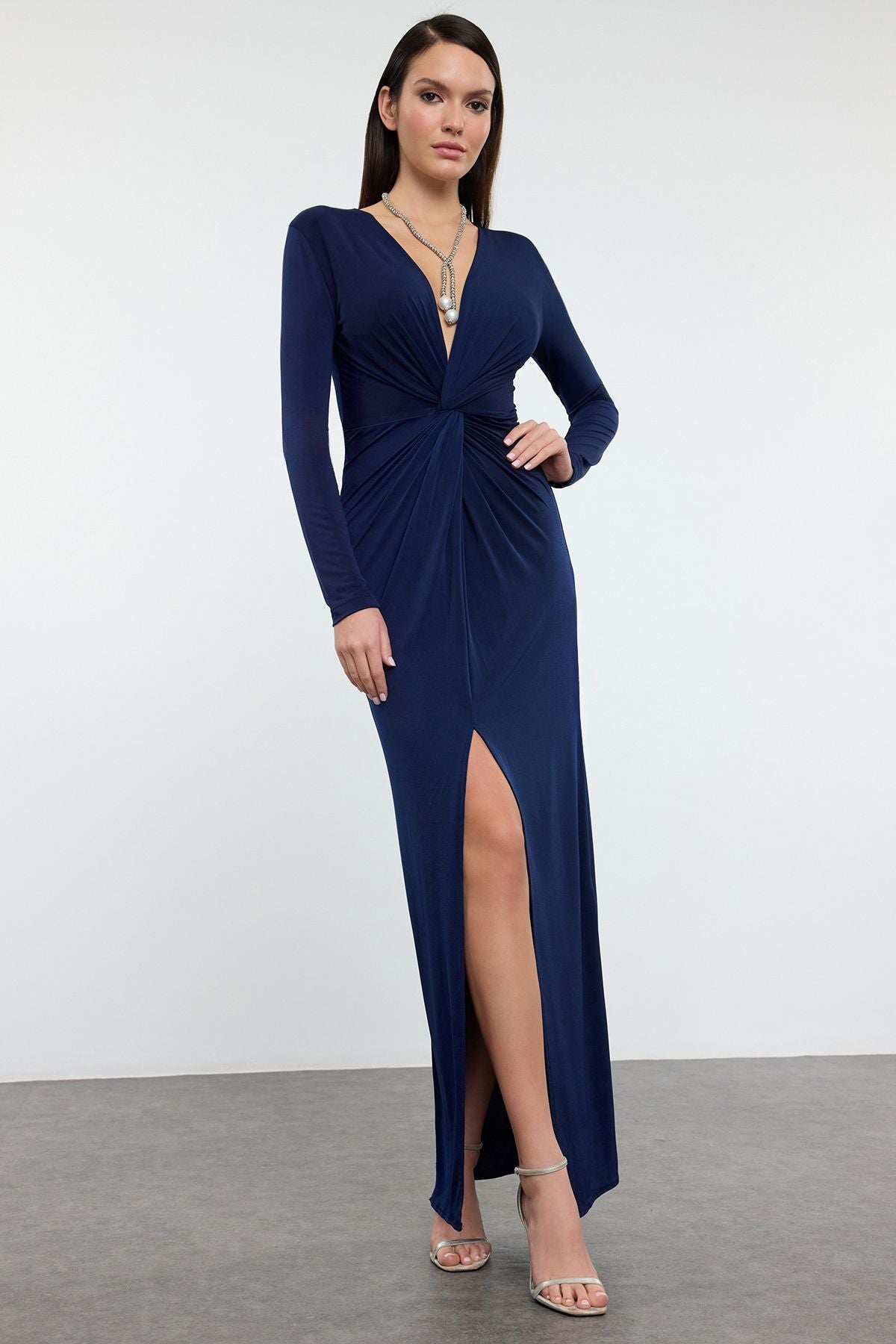 デープブルー Long Sleeve Deep Blue Maxi Dress Elegant Navy Blue Long