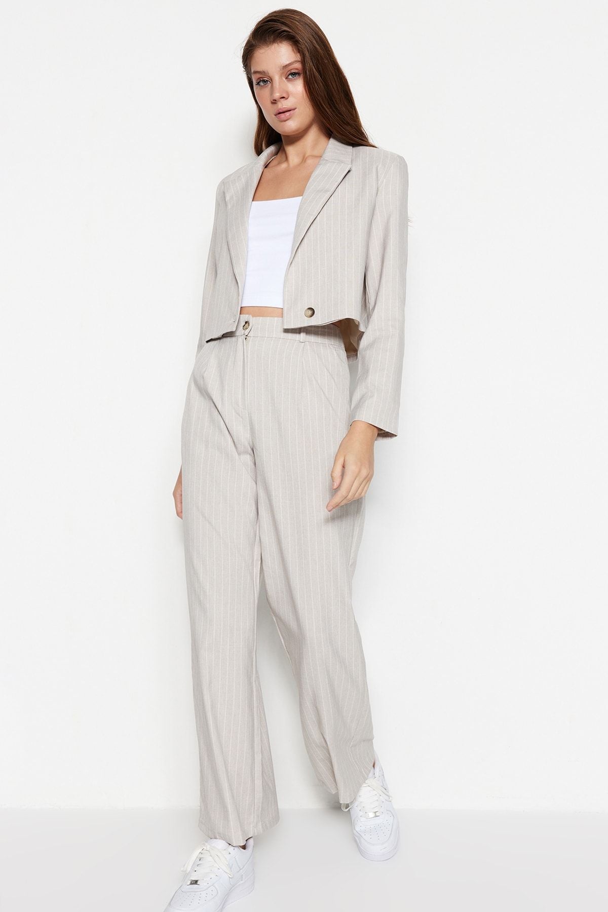Gray Pinstripe Cropped Blazer Set Tailored Two-Piece Suit