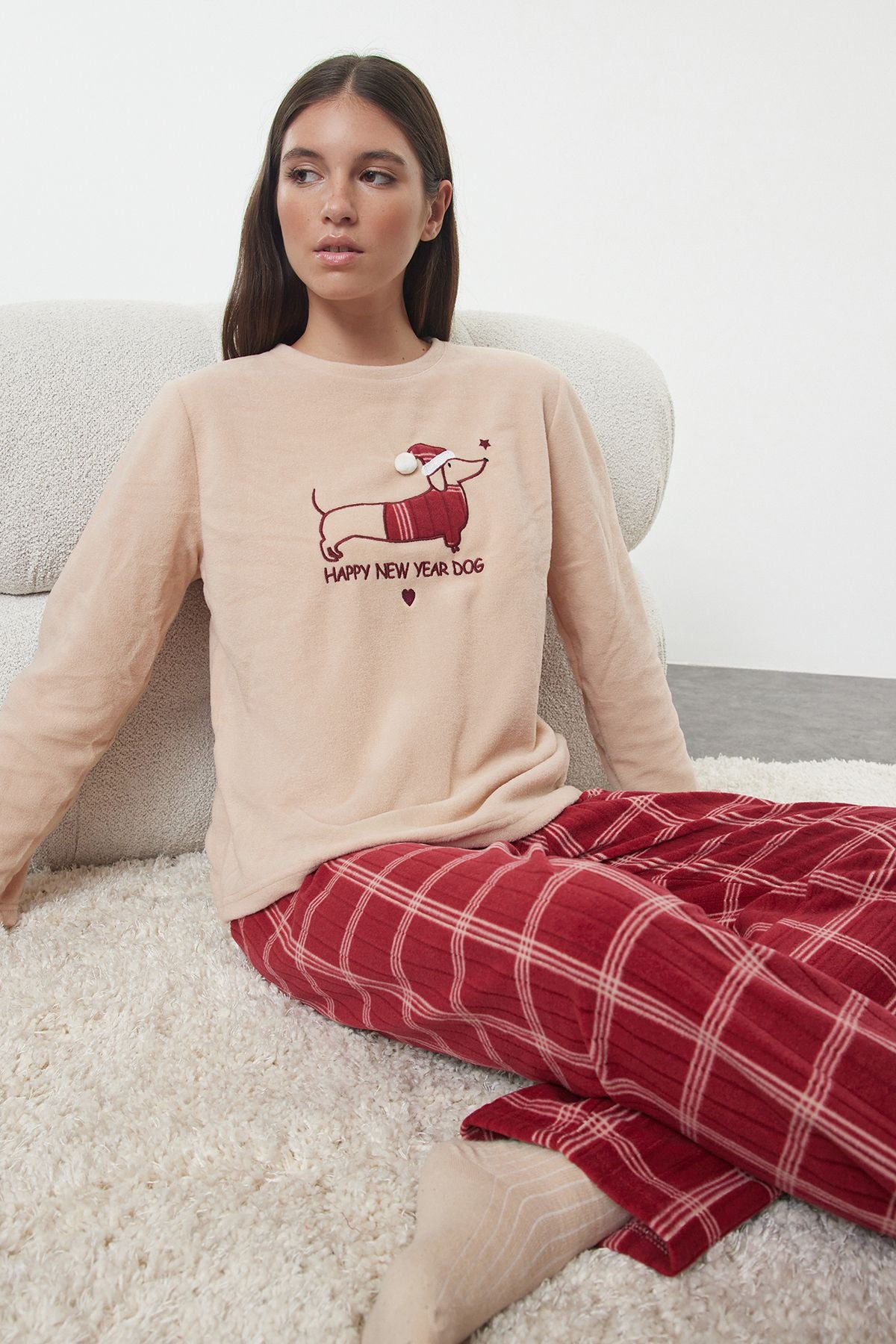 Women's New Year Dog Pajama Set – Cozy Plaid Holiday Sleepwear