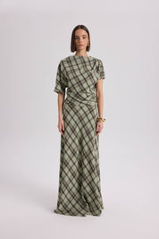 Sage Plaid Two-Piece Set | Draped Top & Maxi Skirt Matching Set | AtikaStyle