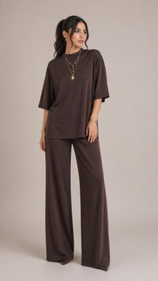  Chocolate brown lounge set for women with relaxed fit tee and wide-leg pants, soft cotton blend two-piece outfit