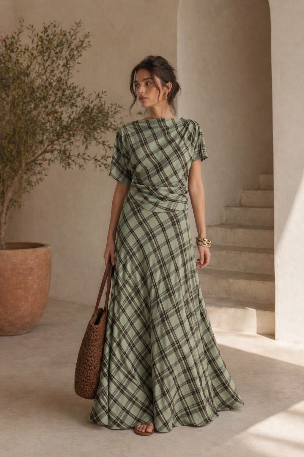 Sage Plaid Two-Piece Set | Draped Top & Maxi Skirt Matching Set | AtikaStyle