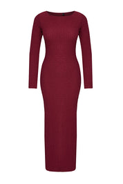 Burgundy Textured Knit Maxi Dress | Boat Neck Bodycon | AtikaStyle