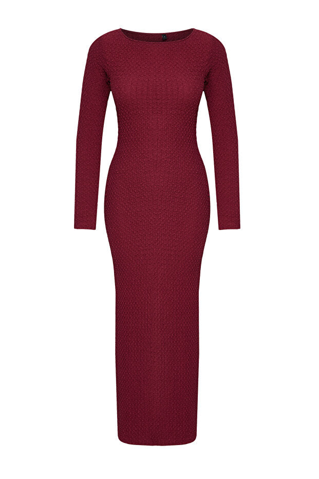 Burgundy Textured Knit Maxi Dress | Boat Neck Bodycon | AtikaStyle