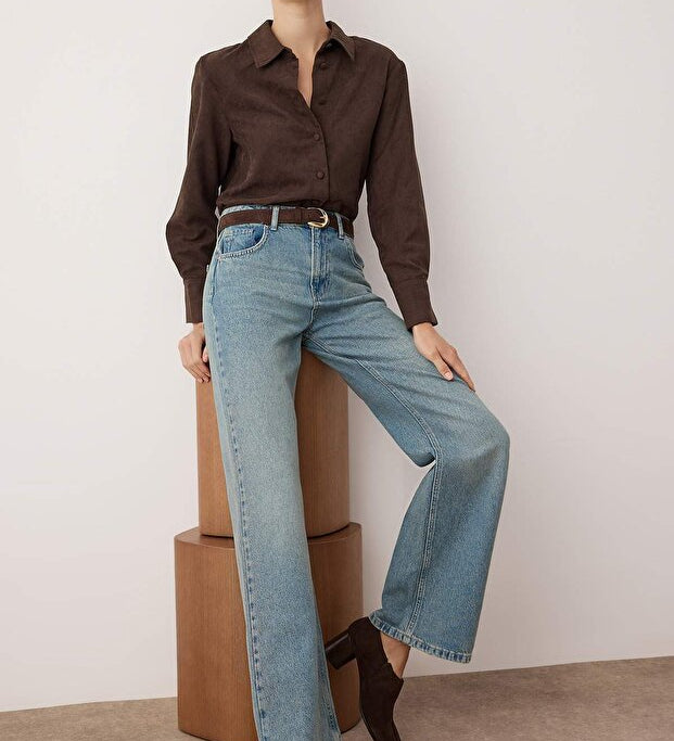 Vintage blue wide‑leg high‑waisted denim jeans — AtikaStyle