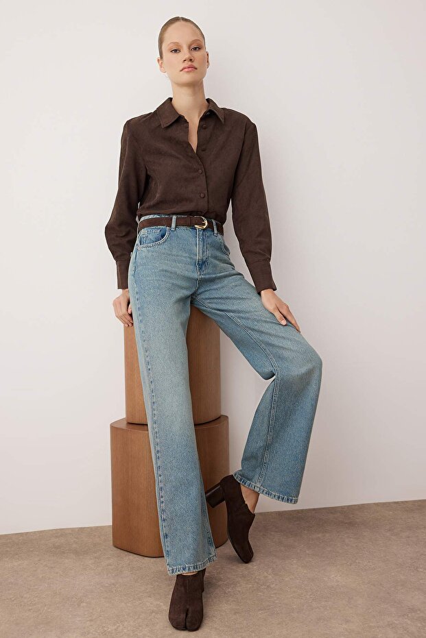 Vintage blue wide‑leg high‑waisted denim jeans — AtikaStyle