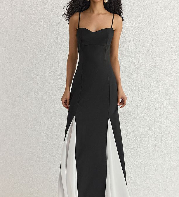 Women’s Black and White Contrast Maxi Dress – Elegant Evening Gown by Atikastyle”

