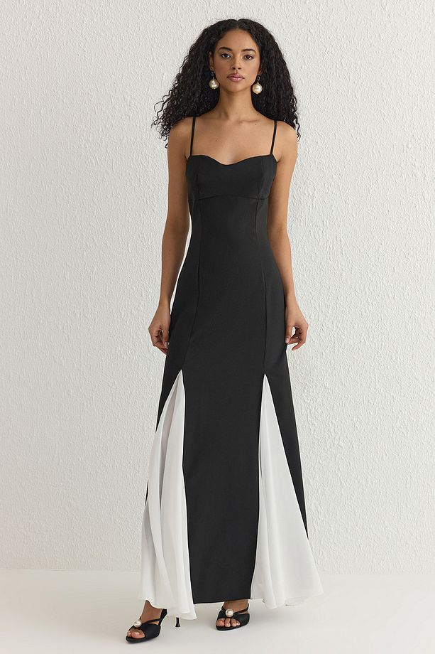 Women’s Black and White Contrast Maxi Dress – Elegant Evening Gown by Atikastyle”
