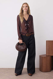 Black sheer mesh long sleeve fitted women’s top by AtikaStyle.