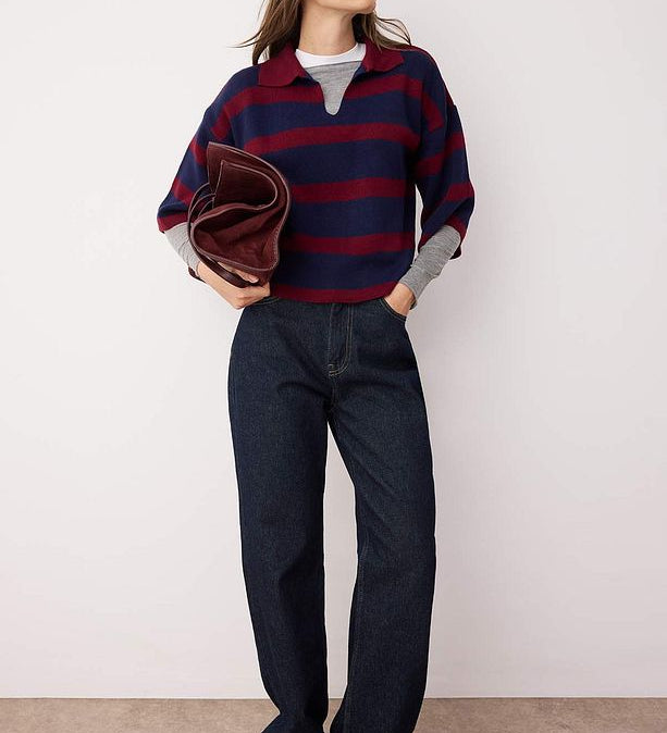 Women’s Black & White Striped Knit Polo Sweater – Casual Chic Long Sleeve Top | Atikastyle