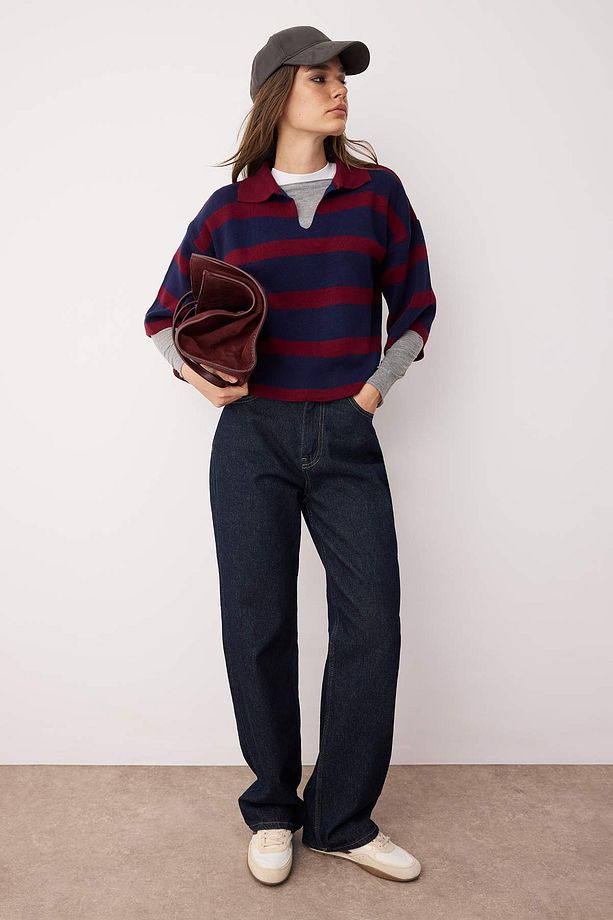 Women’s Black & White Striped Knit Polo Sweater – Casual Chic Long Sleeve Top | Atikastyle