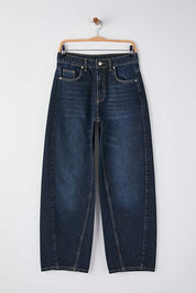 Trendyolmilla Dark Blue High Waist Stitch Detail Barrel Jeans