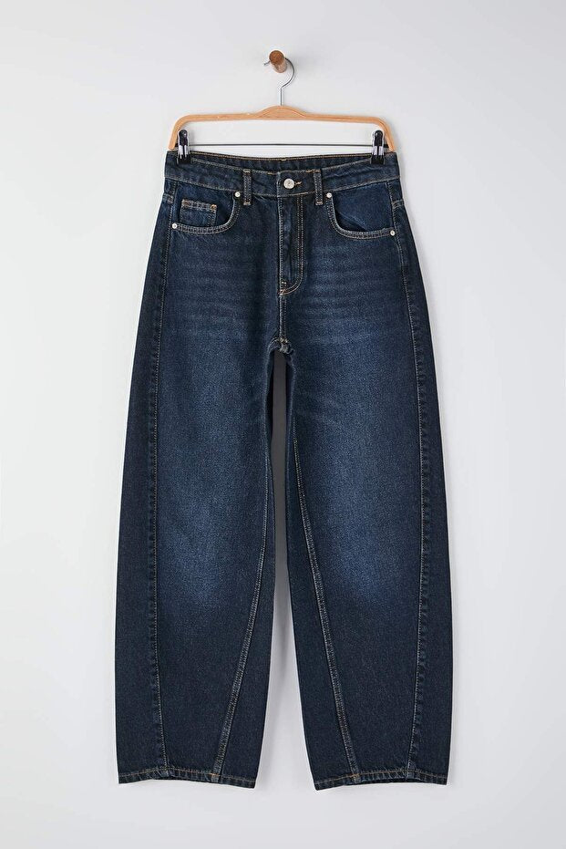 Trendyolmilla Dark Blue High Waist Stitch Detail Barrel Jeans