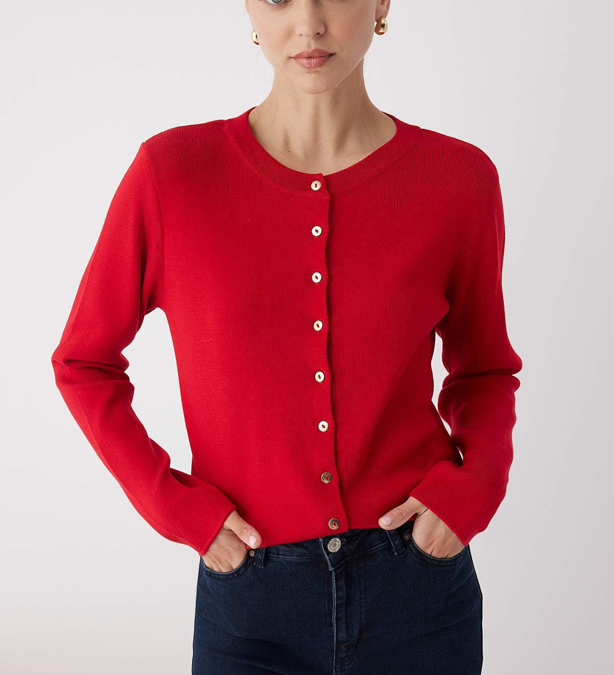  Red cotton knit button cardigan