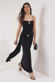 Elegant black evening gown with gold starfish embellishments and spaghetti straps – Atikastyle formal dress
