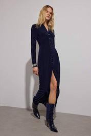 Navy polo-neck buttoned bodycon maxi knit shirt dress — AtikaStyle