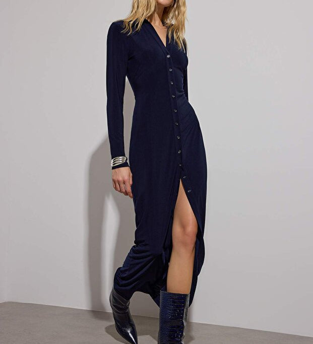 Navy polo-neck buttoned bodycon maxi knit shirt dress — AtikaStyle