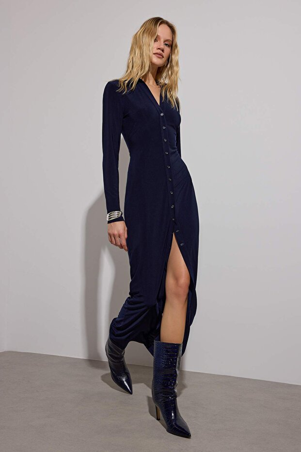 Navy polo-neck buttoned bodycon maxi knit shirt dress — AtikaStyle