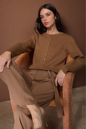  Brown cotton knit button-front cardigan front view