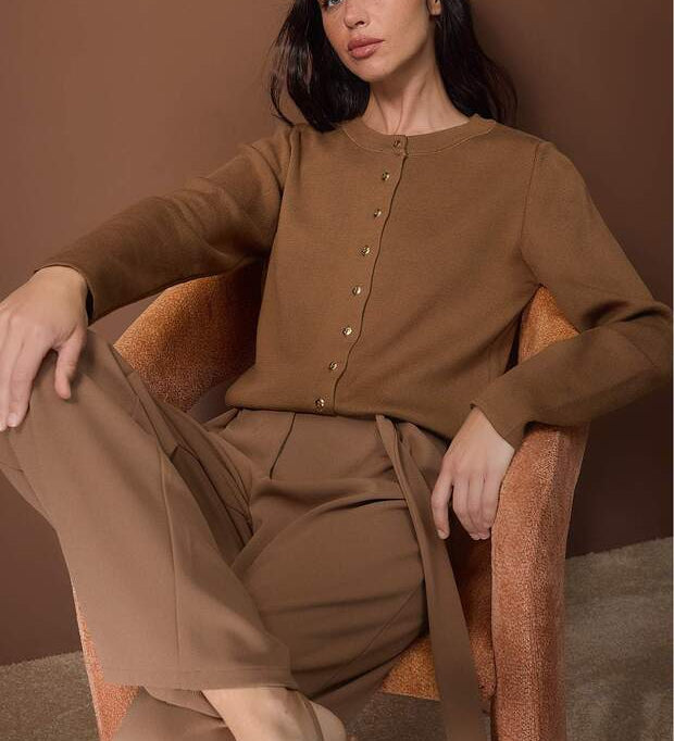  Brown cotton knit button-front cardigan front view