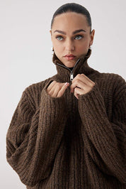 Brown soft knit oversize zip cardigan with drop shoulder — AtikaStyle