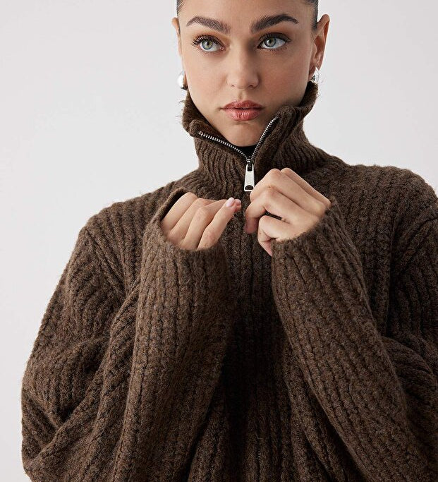 Brown soft knit oversize zip cardigan with drop shoulder — AtikaStyle