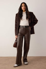 Brown faux leather pants, Relaxed flare fit | AtikaStyle