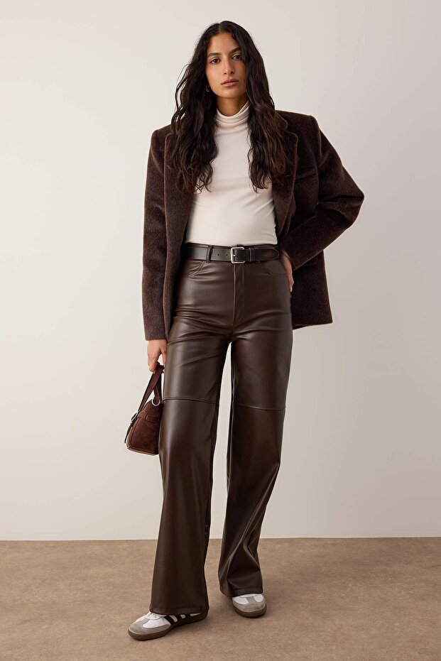 Brown faux leather pants, Relaxed flare fit | AtikaStyle