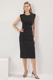 Black Midi Knit Bodycon Dress with Accessory Detail