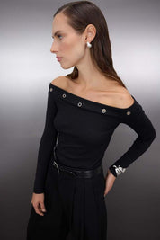 Women’s Black Off-Shoulder Grommet Top – Chic Evening Style | AtikaStyle
