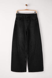 Chic Black Stone Embellished Mid-Rise Wide Leg Denim Jeans