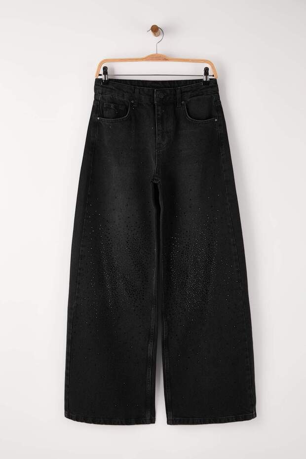 Chic Black Stone Embellished Mid-Rise Wide Leg Denim Jeans