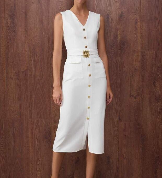 	•	Woman wearing white sleeveless button-front belted midi dress – AtikaStyle
	•	Front view of elegant white midi dress with gold buttons – AtikaStyle
	•	White belted sleeveless dress styled with black heels – AtikaStyle

