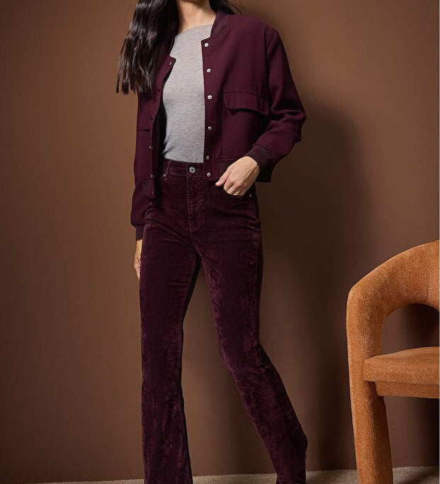  Women’s high-waist burgundy velvet flare pants in soft plush fabric — AtikaStyle”
