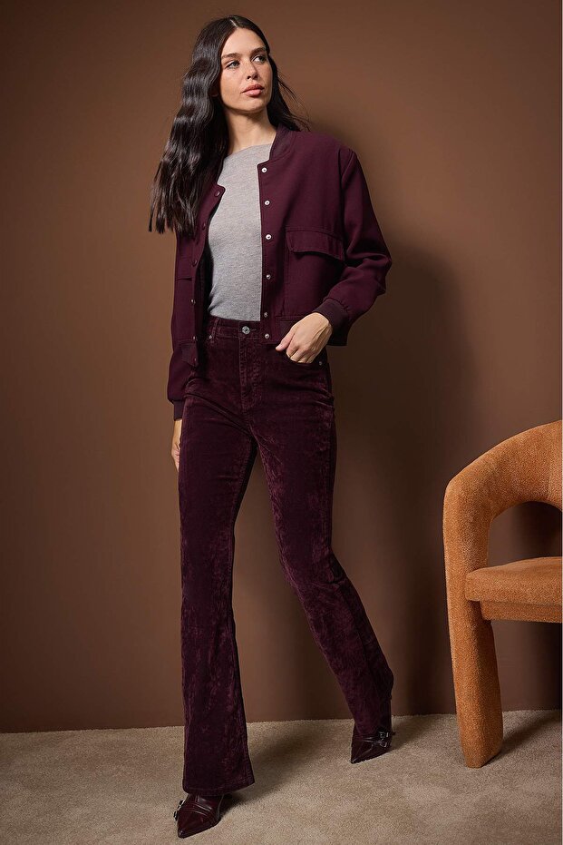  Women’s high-waist burgundy velvet flare pants in soft plush fabric — AtikaStyle”

