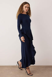 Navy bodycon maxi evening dress with ruffle peplum – side view
