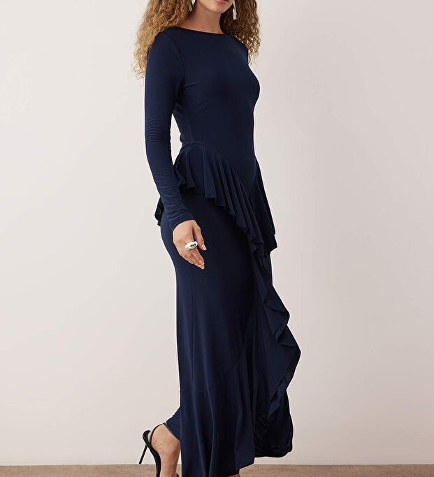 Navy bodycon maxi evening dress with ruffle peplum – side view