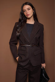  Women’s chocolate brown pinstripe belted blazer with tailored fit — AtikaStyle”

