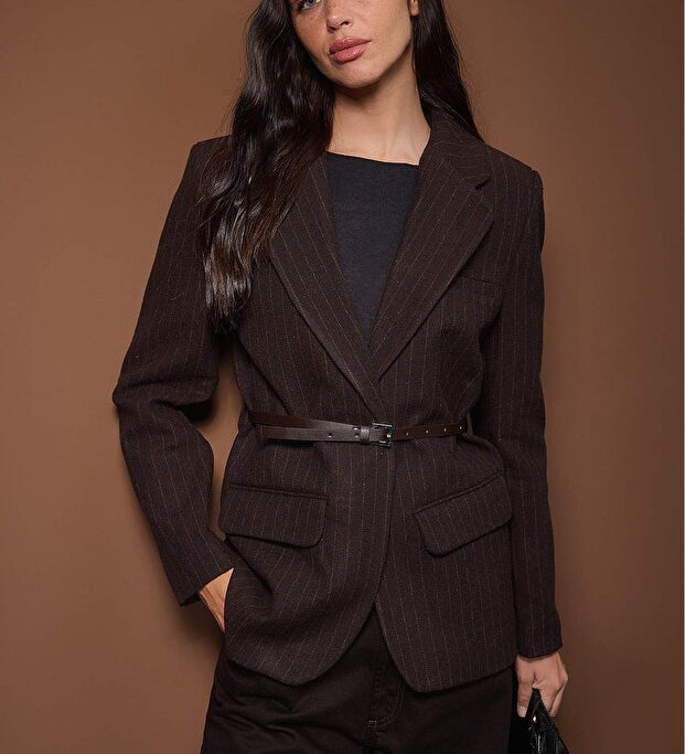  Women’s chocolate brown pinstripe belted blazer with tailored fit — AtikaStyle”
