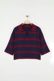 Women’s Black & White Striped Knit Polo Sweater – Casual Chic Long Sleeve Top | Atikastyle