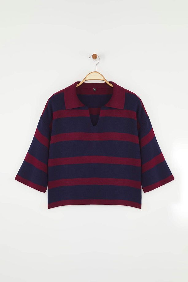 Women’s Black & White Striped Knit Polo Sweater – Casual Chic Long Sleeve Top | Atikastyle