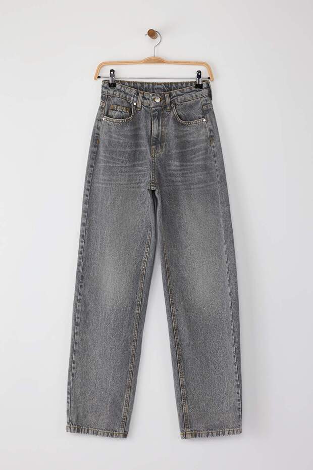 Trendyolmilla Women's High-Waist Baggy Grey Denim Jeans - Relaxed Fit