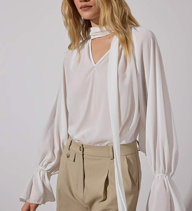 White sheer chiffon halter‑tie party blouse — AtikaStyle