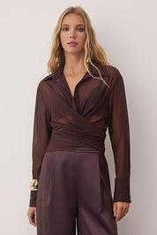 Dark Brown Sheer Ruched Tulle Top | AtikaStyle