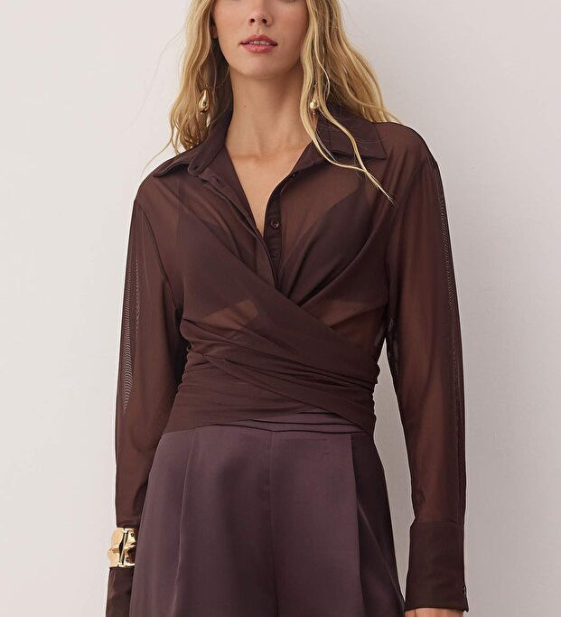 Dark Brown Sheer Ruched Tulle Top | AtikaStyle
