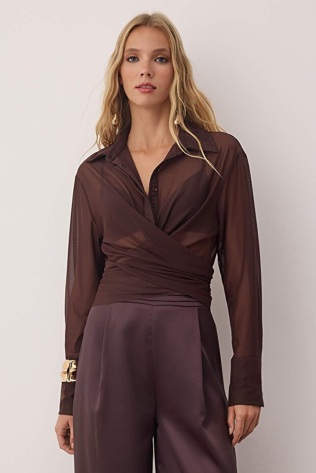 Dark Brown Sheer Ruched Tulle Top | AtikaStyle