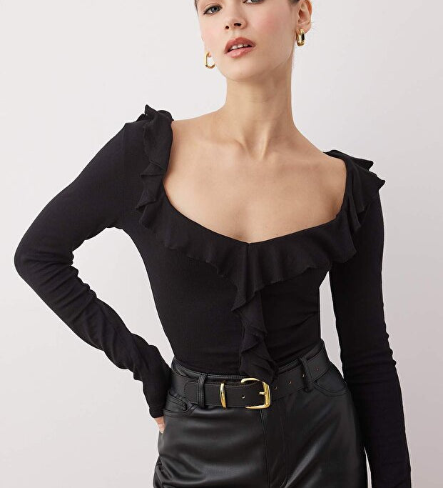 Black rib knit ruffle blouse – front view