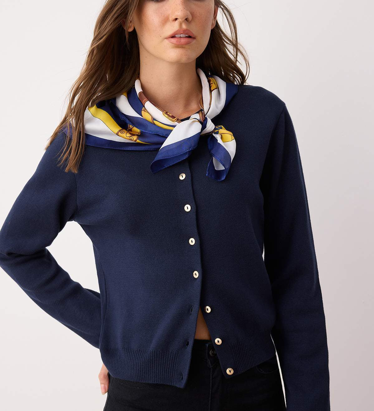  Navy cotton knit cardigan front view