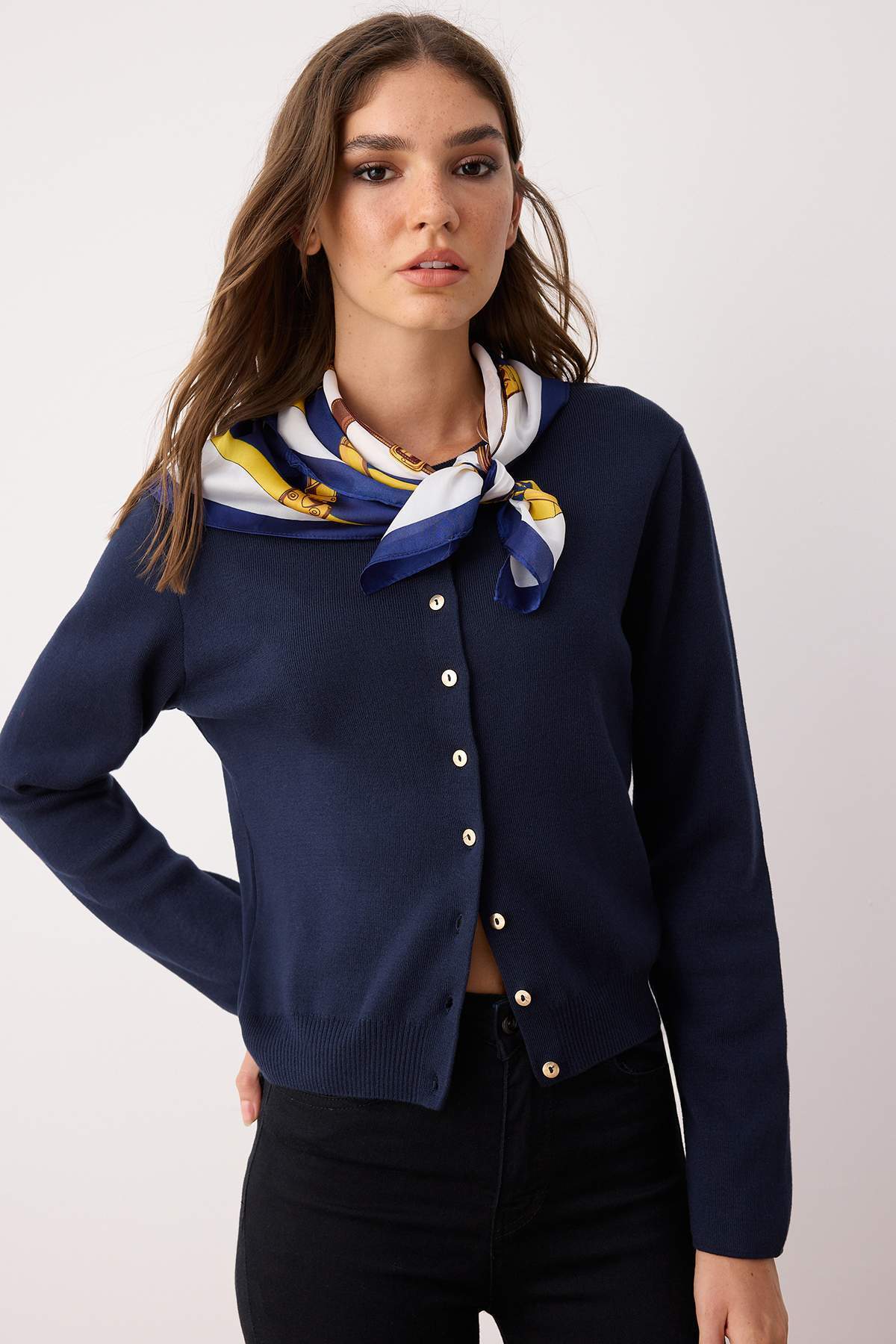 Navy cotton knit cardigan front view